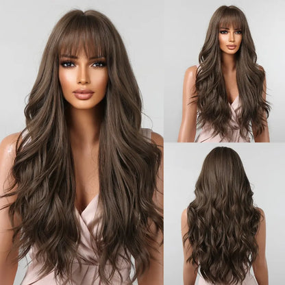 Brown Wavy Long Wig for Women with Bangs — Natural-Look Synthetic Hair, Heat-Resistant for Daily & Cosplay