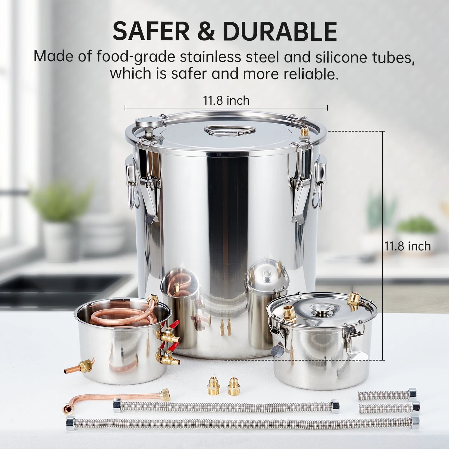 5Gal/19L Stainless Steel Water & Alcohol Distiller – Home Brewing Kit with Built-in Thermometer, Copper Tube, and Water Pump