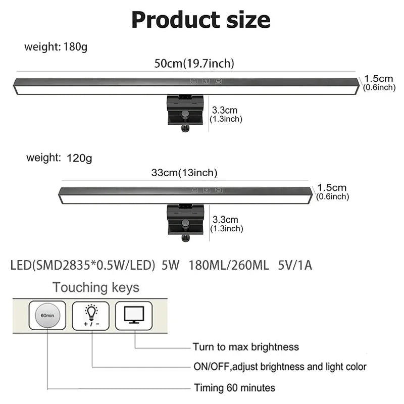 Eye-Care LED Desk Lamp 50cm – USB-Powered Screen Light Bar with Stepless Dimming for Reading & PC