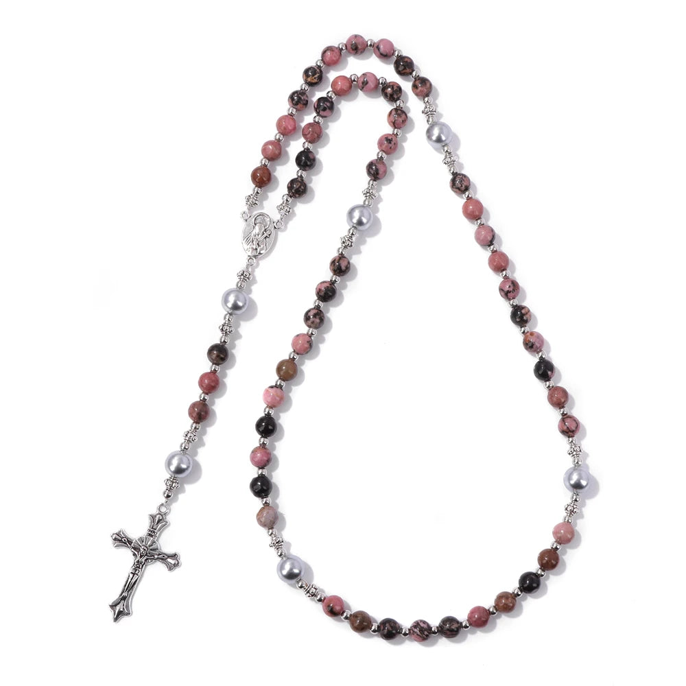 6mm Tiger Eye Rosary Beads Necklace – Catholic Jesus & Virgin Mary Pendant Long Knotted Chain Religious Jewelry for Men & Women