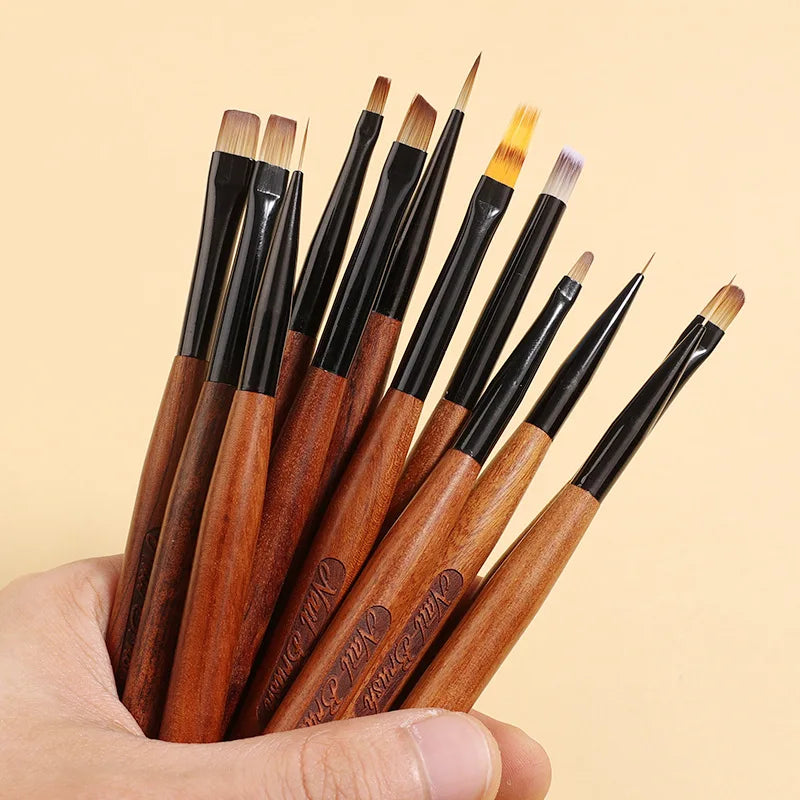 Sandalwood Handle Nail Art Brush Set – Gradient Blooming UV Gel Liner & Flower Drawing Tools for Stripes & Nail Painting