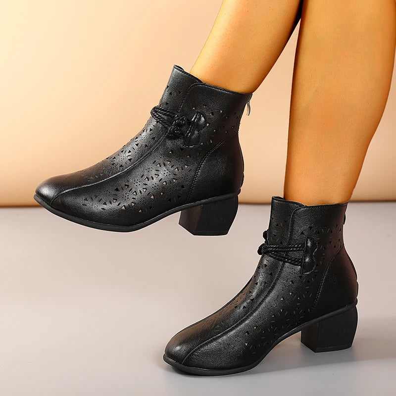 Women’s Hollow-Out Ankle Boots - 2025 Summer Retro Mid-Heel Soft Sole Breathable Shoes