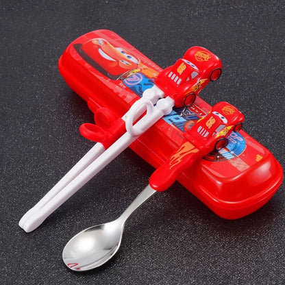 Disney Kids Tableware Set — Lightning McQueen, Mickey, Minnie, Stitch & Princess Elsa Training Chopsticks and Spoons