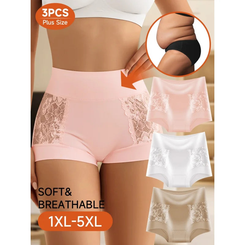 Women’s Plus Size Lace Panties 3-Pack - Breathable Floral Mesh Tummy Control Shaping Briefs for Everyday Comfort
