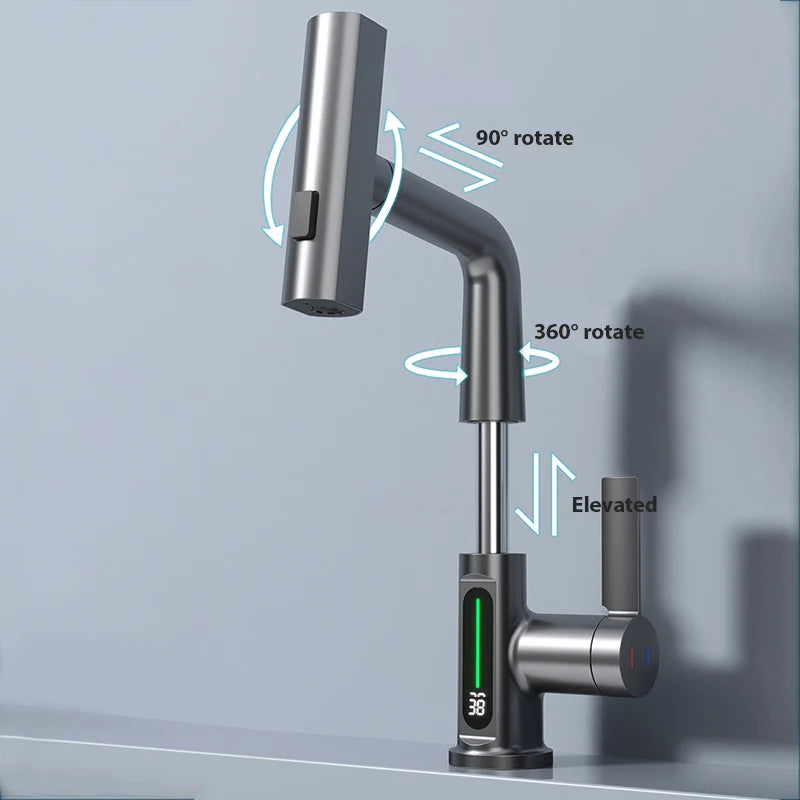 Waterfall Temperature Digital Display Basin Faucet | Lift Up Down Stream Sprayer | Hot Cold Water Sink Mixer Wash Tap | Bathroom Fixture