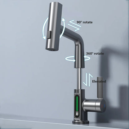 Waterfall Temperature Digital Display Basin Faucet | Lift Up Down Stream Sprayer | Hot Cold Water Sink Mixer Wash Tap | Bathroom Fixture