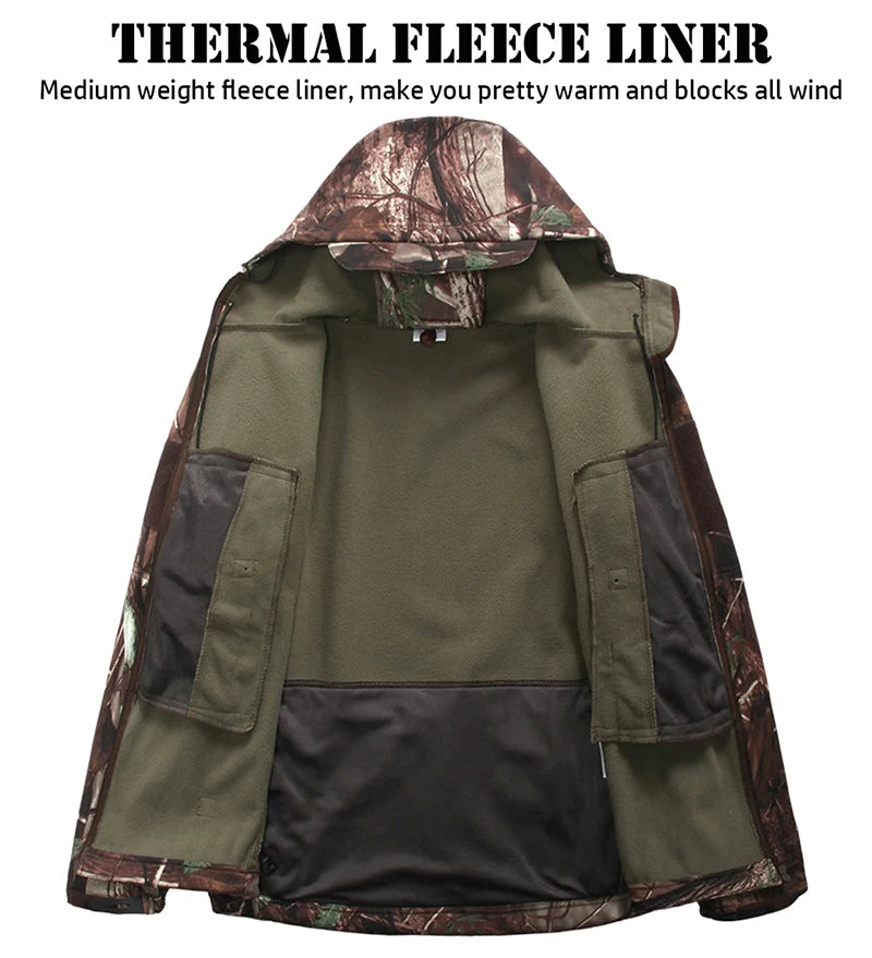 Men’s Silent Soft Shell Tactical Jacket | Waterproof, Warm Fleece Camouflage Hunting & Outdoor Hooded Coat