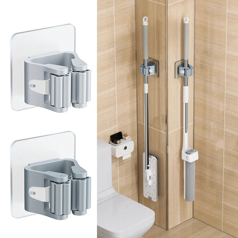 Mop Storage Rack — Wall-Mounted Suction Mop & Broom Holder, Traceless Waterproof Hanging Clip for Bathroom