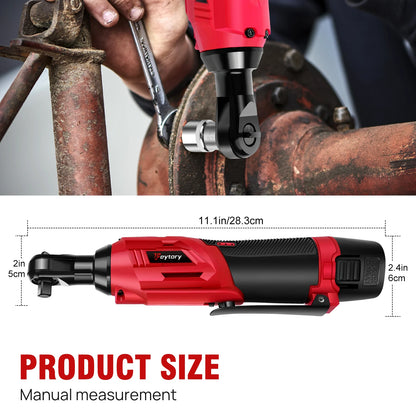 DayPlus 200NM 3/8" Cordless Electric Ratchet Wrench | 90° Angle 12V Power Tool with 2 Batteries, Charger & 7 Sockets