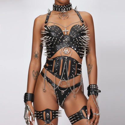 Y2K Gothic Punk Halter Top - Spiked Studded Chain Grunge Emo Rave Festival Style