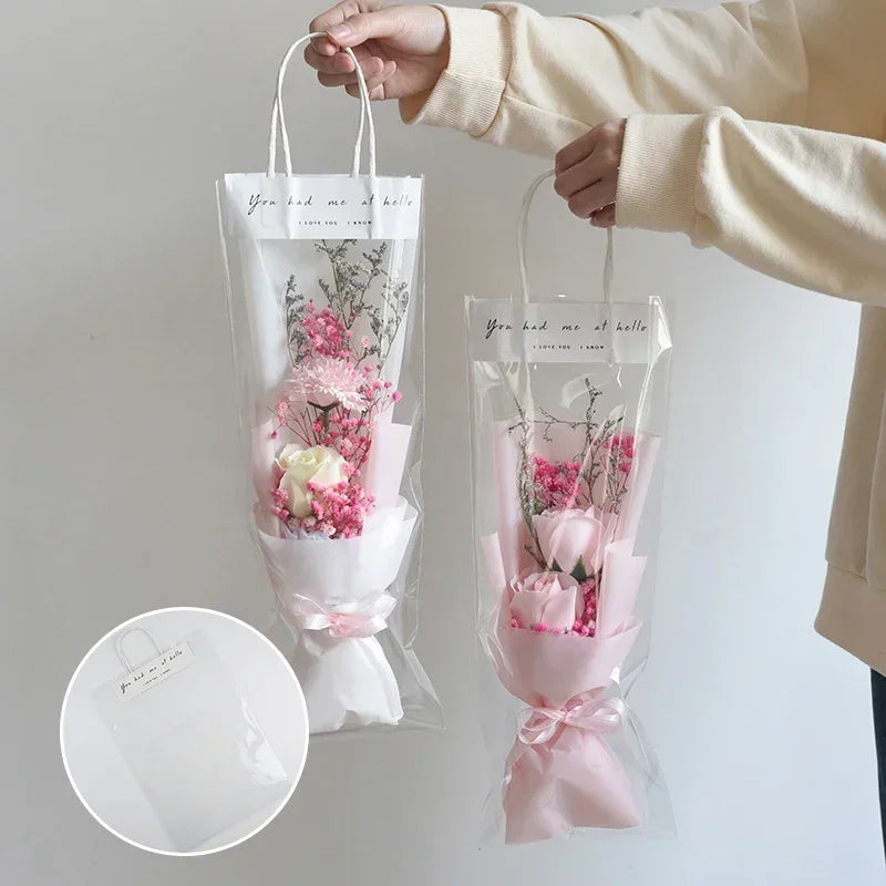 5/10PCS Transparent Flower Wrapping Bags – Gift Packaging with Handle for Weddings, Birthdays, Candy & Flower Box Decor