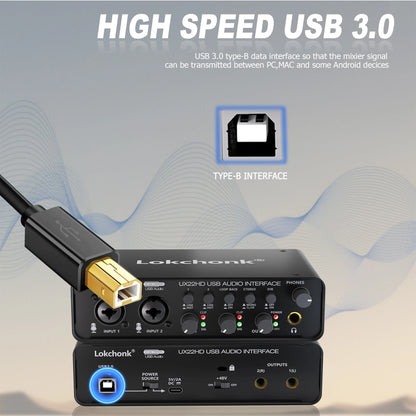 UX22 Audio Interface Sound Card – 32-bit/192KHz AD Converter for Electric Guitar, Live Recording, Studio Singing & Podcast