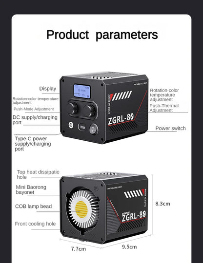 60W Pro Portable LED Video Light – COB Bi-Color Photography Light (2800K-7500K) for Livestreaming, Handheld Outdoor Shooting