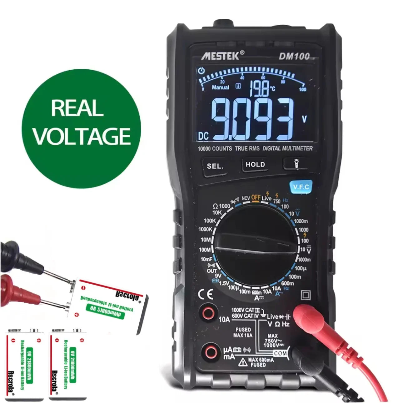 9V Lithium-Ion Rechargeable Battery 21800mWh – High-Capacity Power for Guitar, Microphone, Smoke Detector & Pedals with Cable