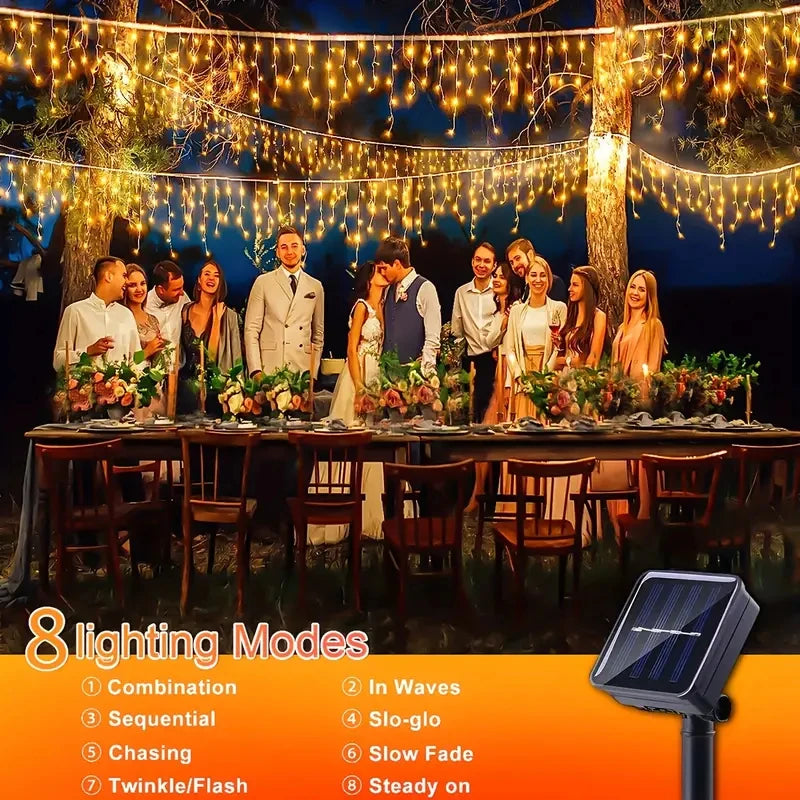 Solar Christmas Icicle Lights 162/96 LED – 8-Mode Waterproof Curtain String Lights for Outdoor, Garden & Holiday Decoration