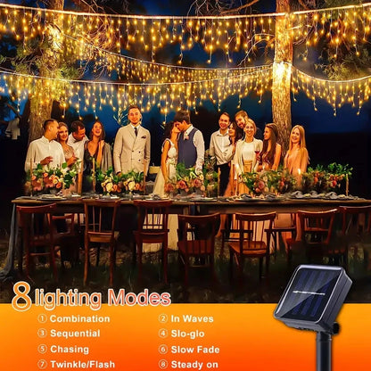 Solar Christmas Icicle Lights 162/96 LED – 8-Mode Waterproof Curtain String Lights for Outdoor, Garden & Holiday Decoration