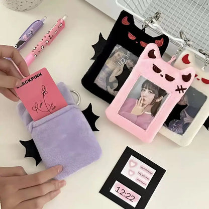 Kawaii Devil Plush Card Holder - Cute Visible ID, Bank, Credit & Bus Card Sleeve