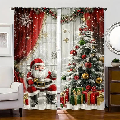 2pcs Christmas Santa Claus & Holiday Pattern Printed Curtains – Pole Bag Home & Room Decoration