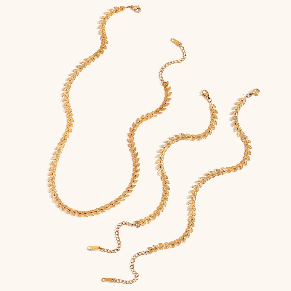 La.Muses Gold Plated Leaf Chain Necklace – Stainless Steel Fishtail Design Bracelet & Anklet Jewelry Set for Women