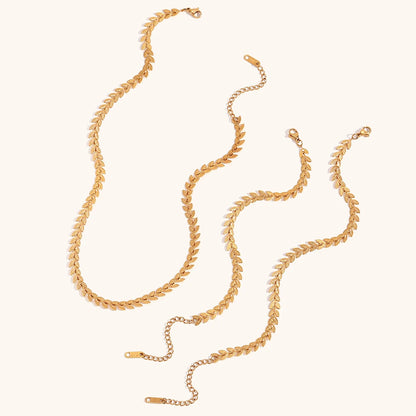 La.Muses Gold Plated Leaf Chain Necklace – Stainless Steel Fishtail Design Bracelet & Anklet Jewelry Set for Women