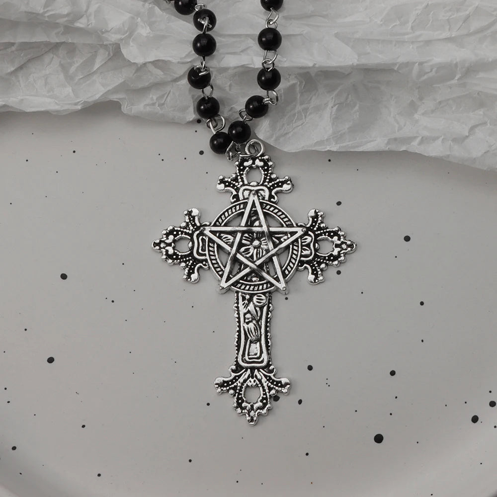 Gothic Bat Cross Necklace Set - Y2K Thorn Love Black Beaded Layered Jewelry for Halloween Parties