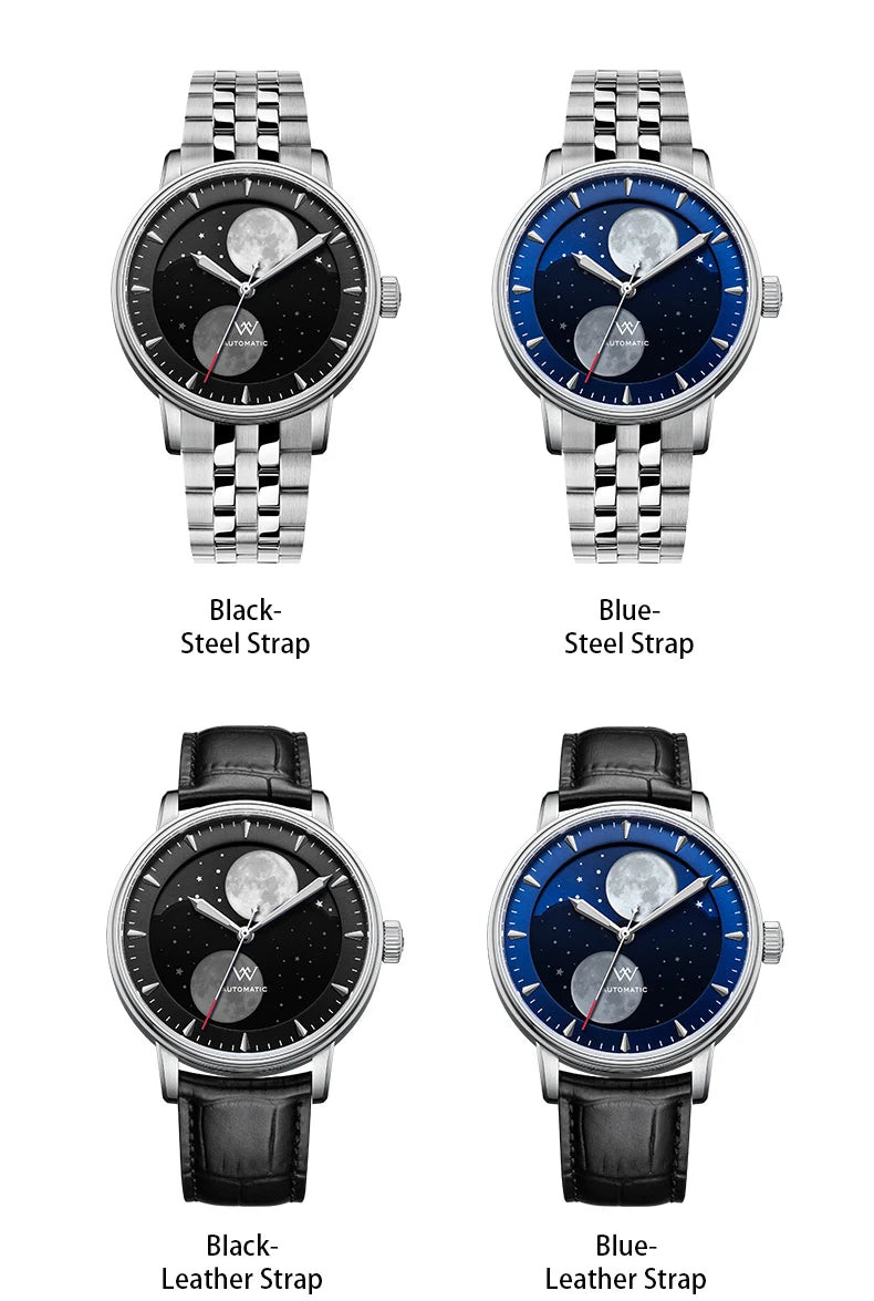 WM Welly Merck Automatic Mechanical Men's Watch — Lunar Moon Phase, Sapphire, Waterproof, Luminous Twin Moons WM142