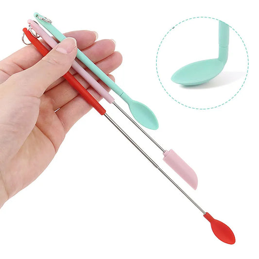 Mini Retractable Silicone Scraper Set - Telescoping Spoon Spatula & Brush for Jars, Butter, Cream & Jam