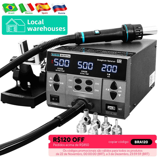 SUGON 8630Pro 1300W Hot Air Gun - Digital Display BGA Rework Station with Curved Nozzle for Welding & Desoldering Repair
