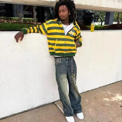 Men's Striped Zip-Up Hoodie - Retro American Streetwear Sweatshirt with Rivet Details