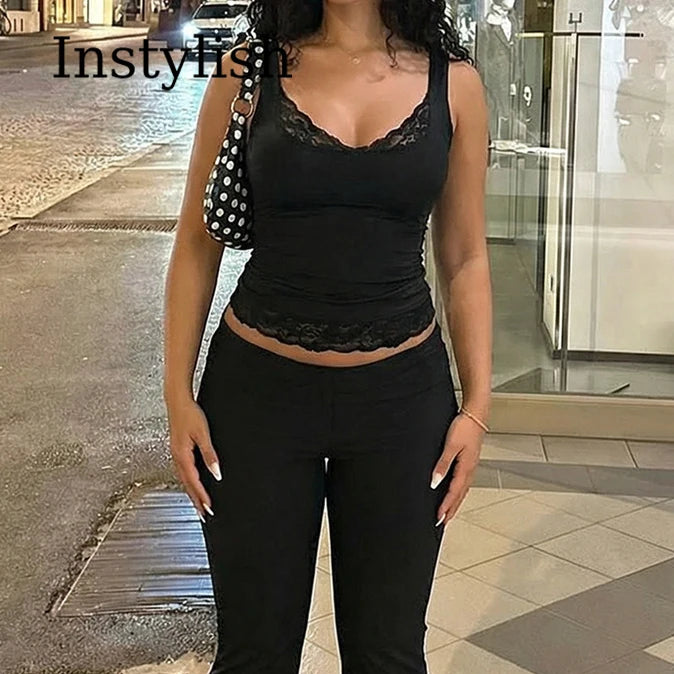 Women’s Square Collar Backless Lace Tank Top – Slim Fit Ruffle Patchwork Y2K Sexy Summer Party & Vacation Crop Top