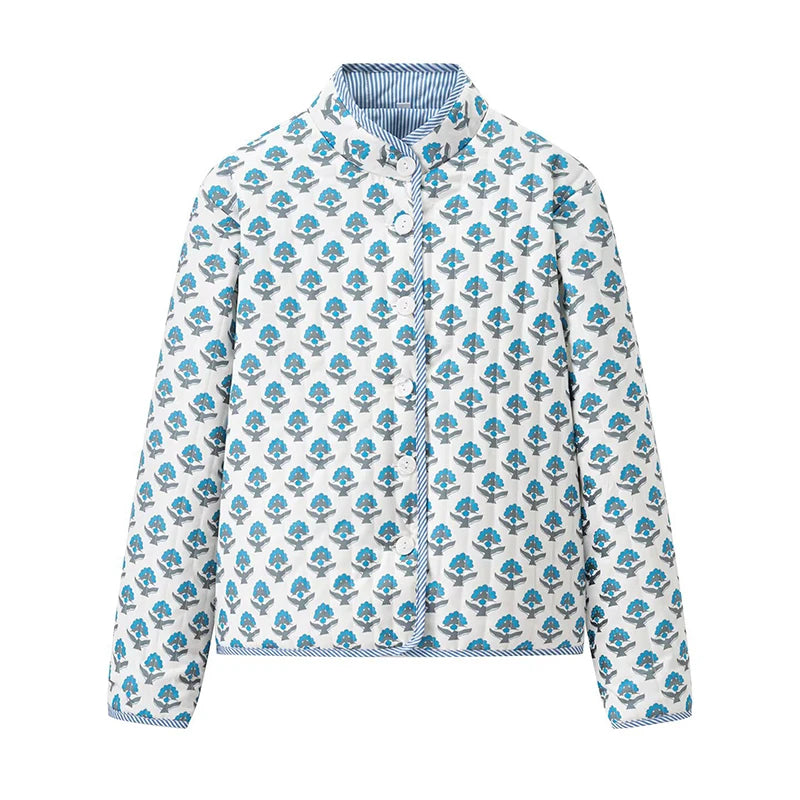 2025 Women’s Printed Quilted Padded Jacket – Collared Cotton Coat with Contrast Piped Pockets, Casual Autumn Outerwear
