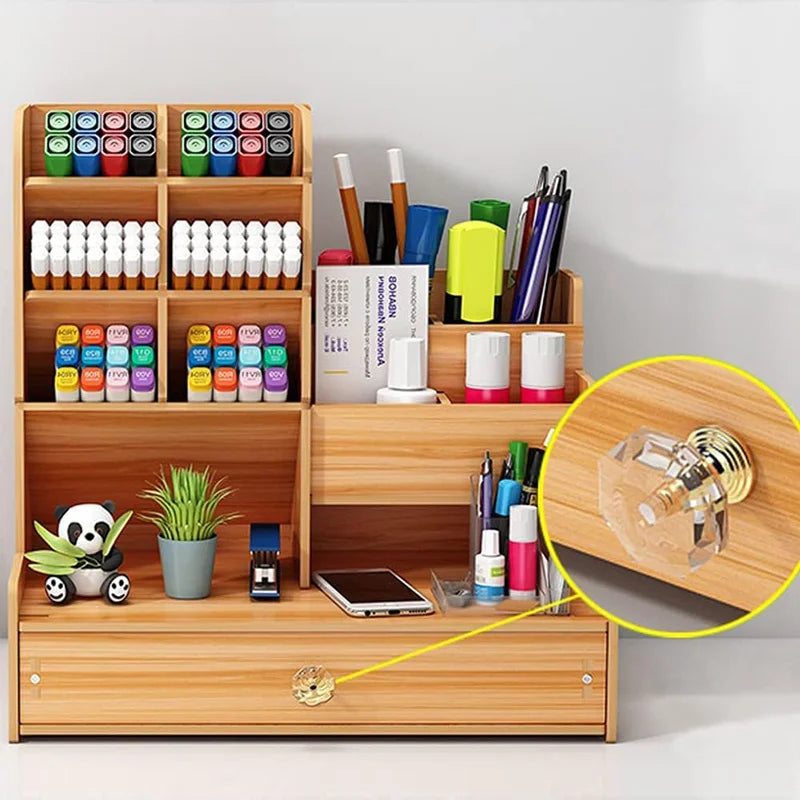 Wooden Desk Organizer – Large Capacity DIY Desktop Pen Holder with Drawer for Home, Office, and School Stationery Storage