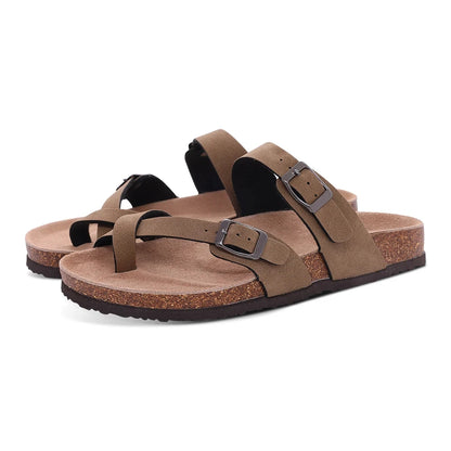 Comwarm Men's Cork Footbed Slide Sandals - Arch Support, Adjustable Buckle & Leather Summer Casual Slides