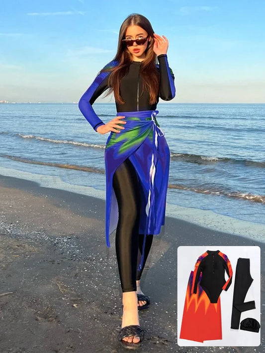 Women’s Muslim Burkini Swimsuit – Long Sleeve Zipper UV Sun Protection Modest Swimwear Gradient Sunset Red Orange Purple Beachwear
