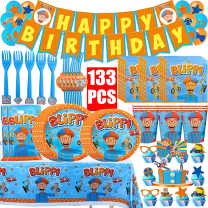 Happy Birthday Party Supplies Set — Cartoon Movie Theme Flag Banner, Paper Tableware, Latex Balloons & Cake Topper Decoration