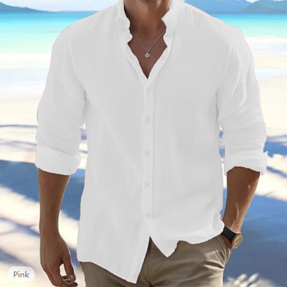 Men's Cotton Linen Long Sleeve Shirt - Solid Color Stand Collar Casual Beach Style Plus Size Summer Top