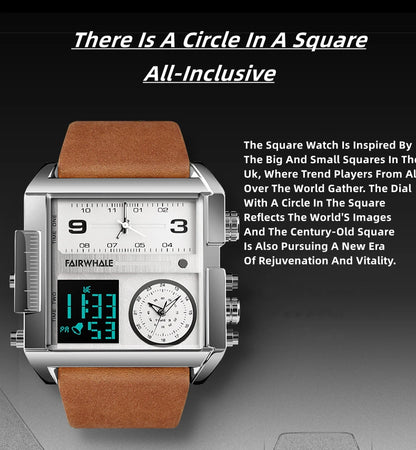 Mark Fairwhale Men’s Luxury Square Quartz Watch — Fashion Waterproof Military Leather Strap Wristwatch