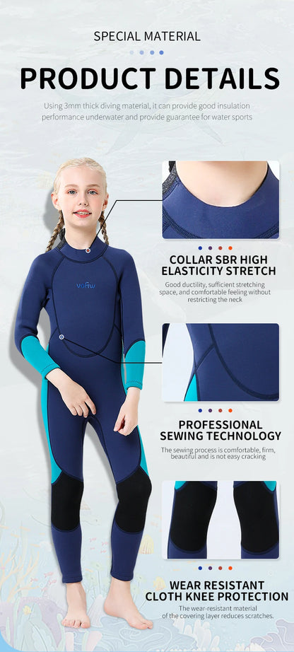 Children's 2mm/3mm Neoprene Wetsuit – One-Piece Long Sleeve Diving Suit for Cold Protection, Sunscreen, Surfing, Swimming & Snorkeling