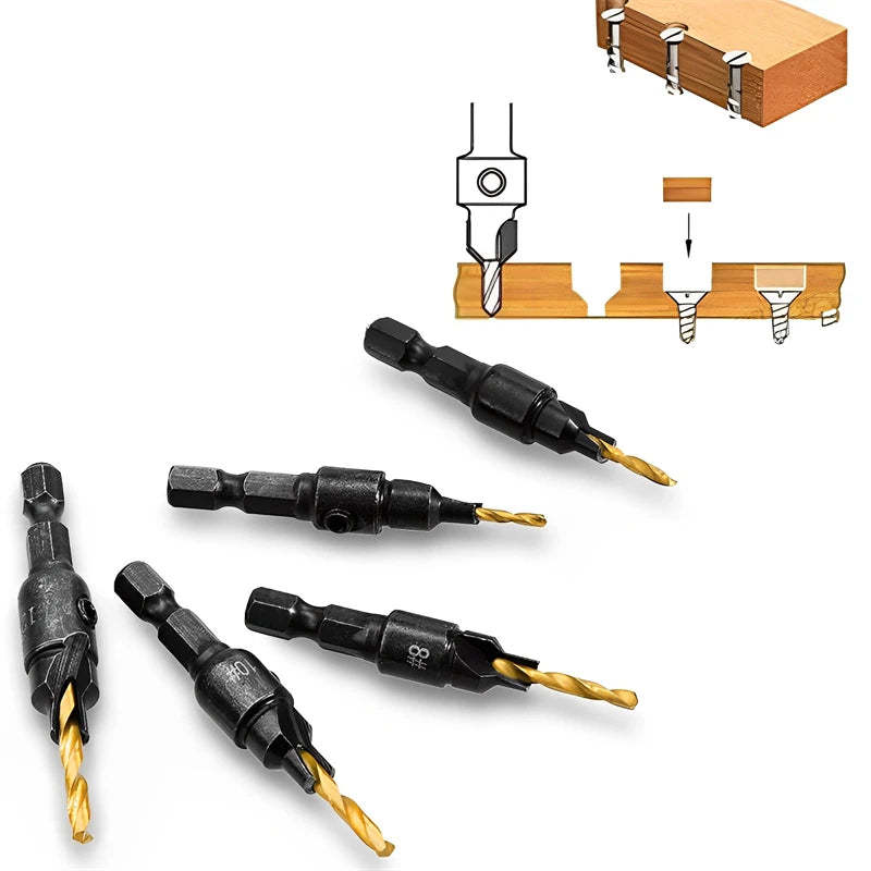 5pcs Countersink Drill Bit Set – Woodworking Pilot Hole Drills for Screw Sizes #5, #6, #8, #10, #12