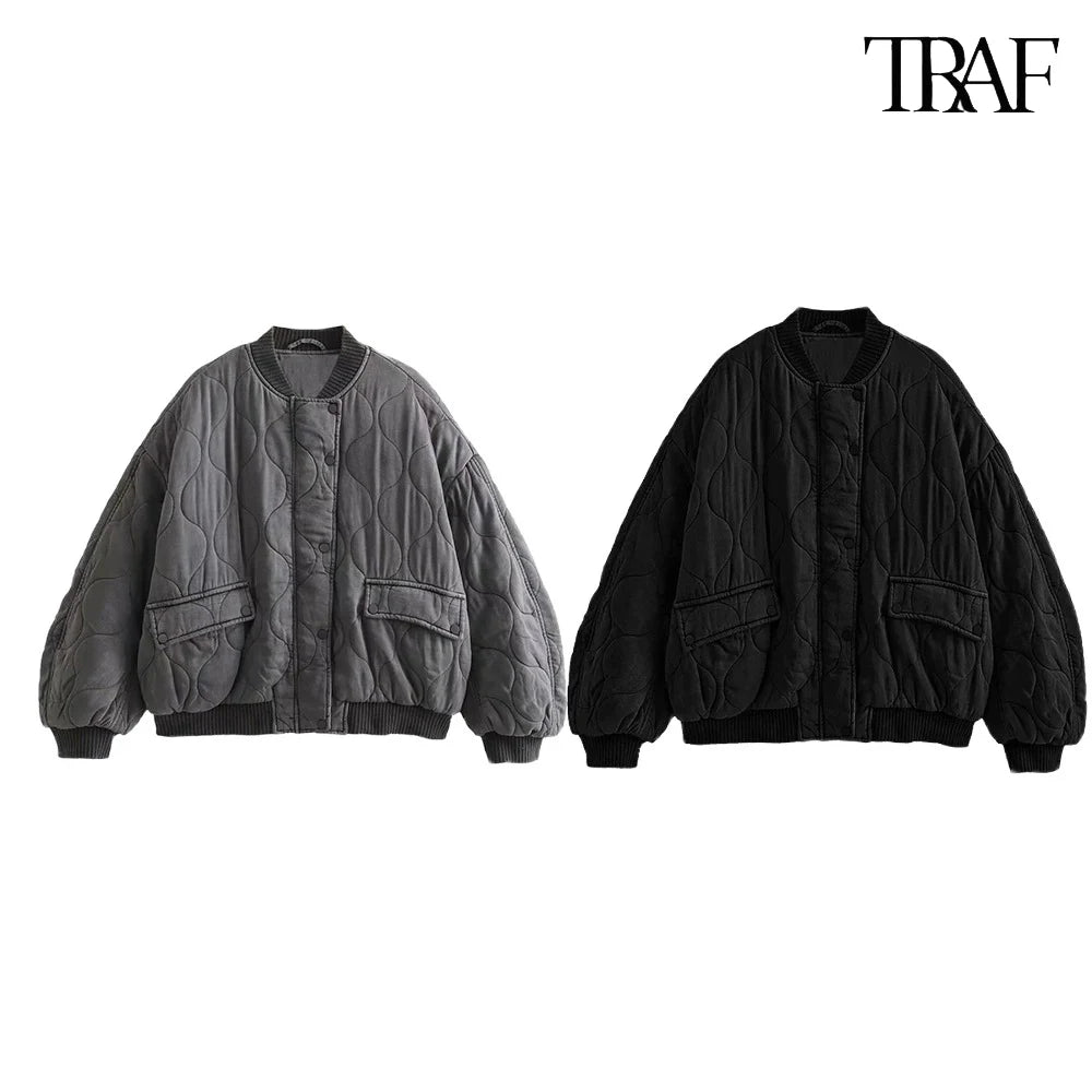 TRAF Women’s Quilted Aviator Jacket – Solid Color Round Collar Long Sleeve Casual Coat