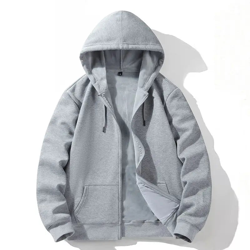 Zipper Hooded Sweatshirt – Autumn Winter Fleece-Lined Cotton Cardigan for Men & Women, Solid Color Y2K Style