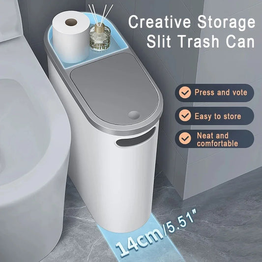Compact Plastic Trash Can with Lid — Press-Top, Space-Saving Design for Bathroom, Kitchen & Living Room