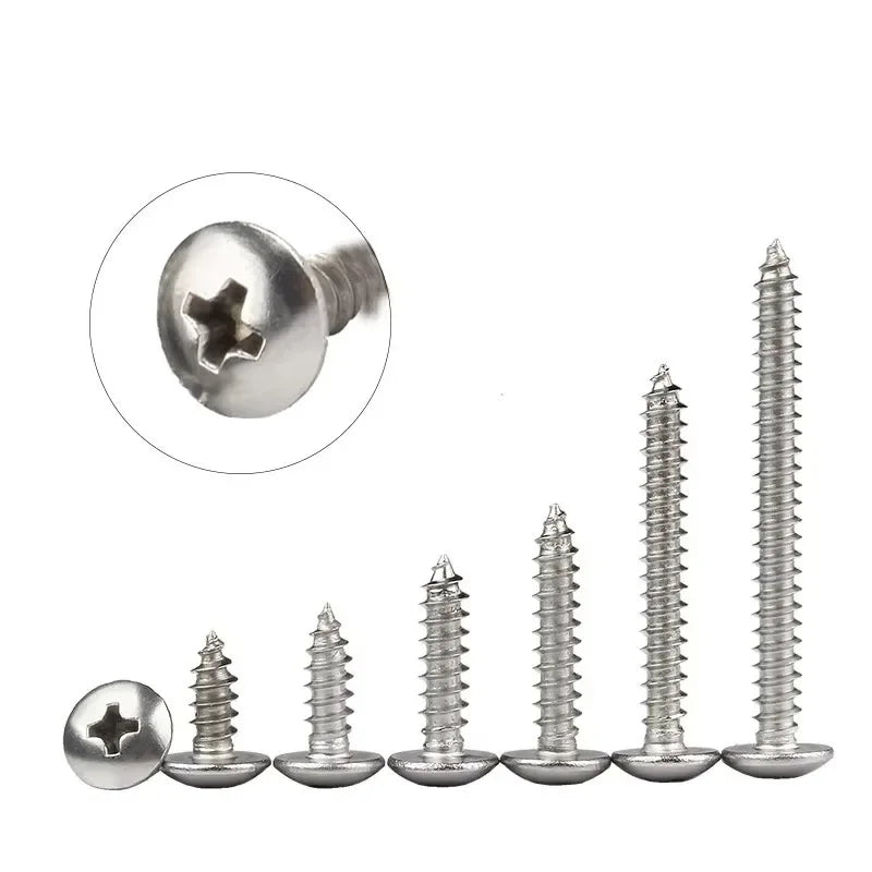 50/20/10pcs M3-M6 Stainless Steel Self-Tapping Screws – Cross Recessed Truss Head for Wood