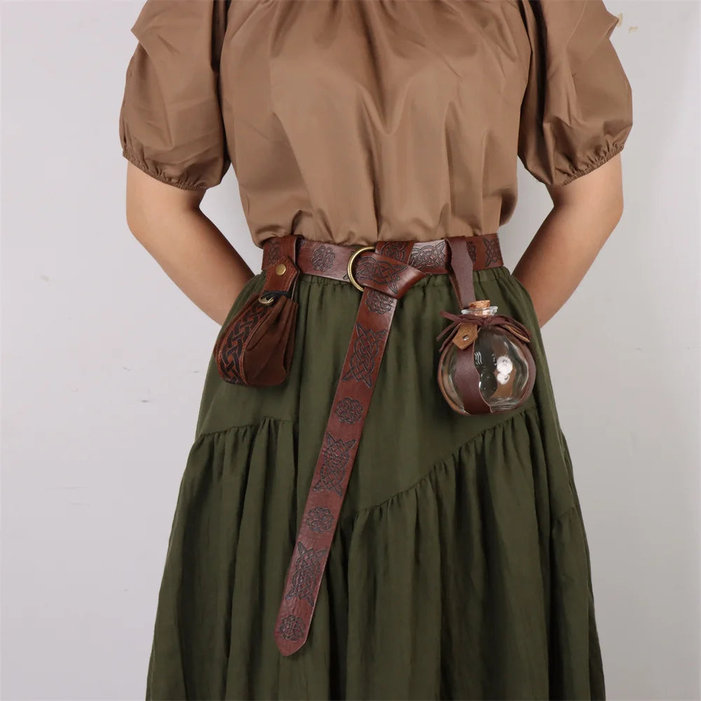 Medieval Elf Leaf Leather Belt Set – Glass Magic Bottle Case, Embossed Retro Leather Accessories for Halloween & Cosplay