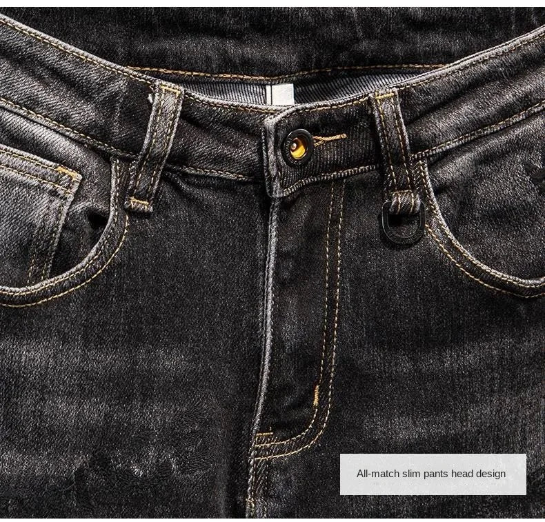 Luxury Korean Streetwear Slim Fit Denim Jeans – Punk Style with 3D Embroidery for Spring & Autumn