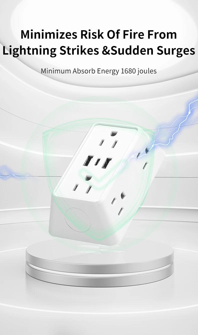 9-in-1 Power Strip – 2 USB Sockets, 1 Type-C Socket, 6 AC Sockets, Compact Wall Plug Power Expander