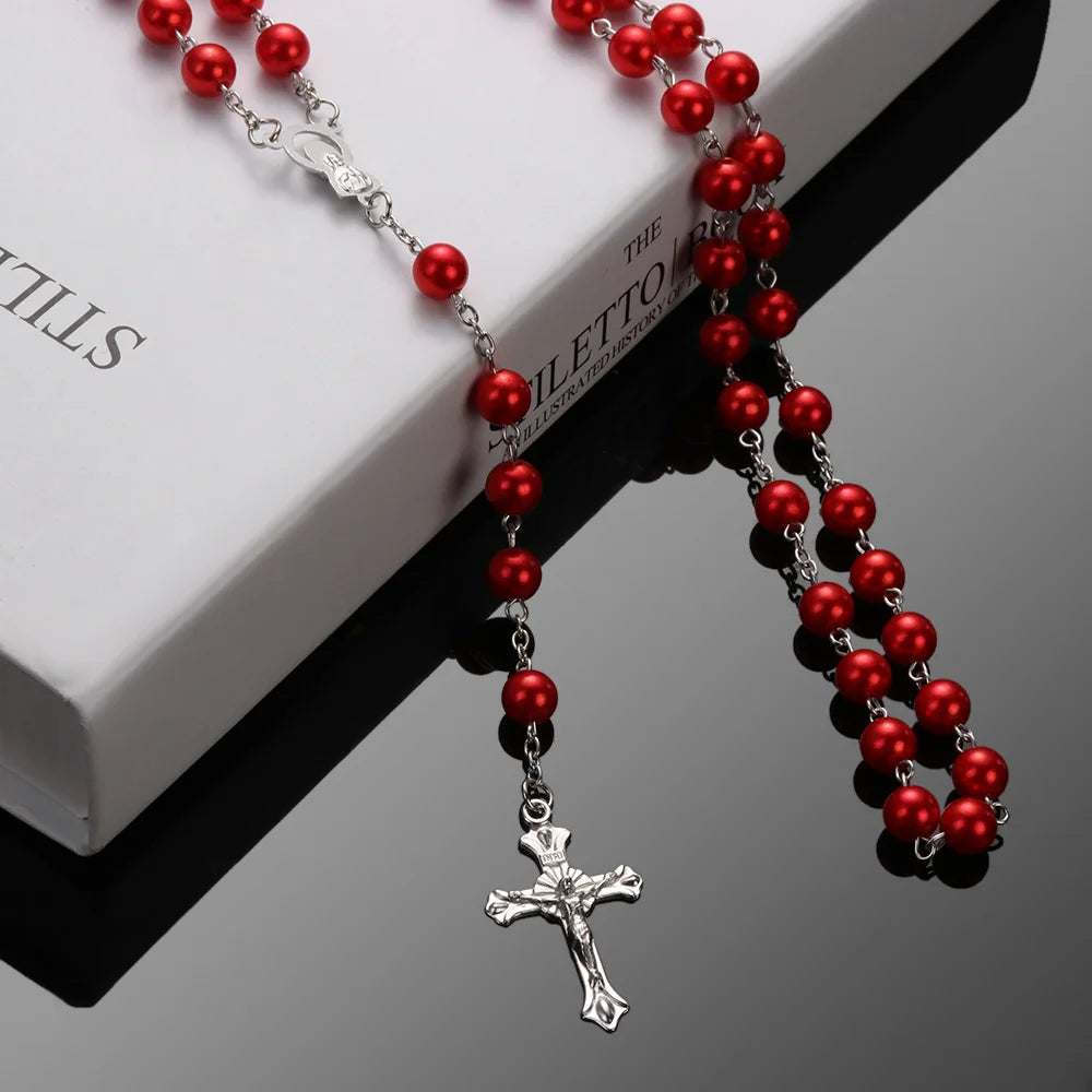 Rosary Beads Cross Necklace – Catholic Virgin Mary Pendant Chain Religious Jewelry Gift for Men & Women Prayer Charm