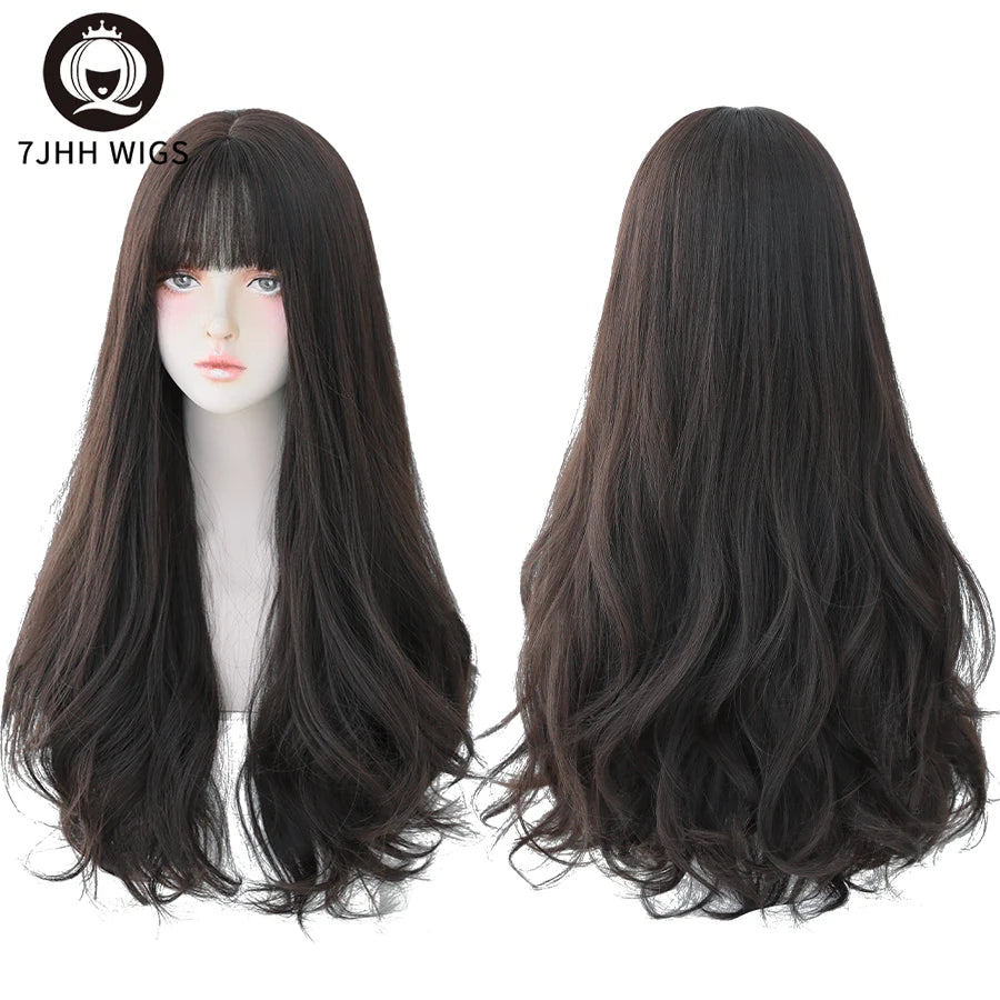 7JHH Brown Ash Long Deep Wave Lolita Wig for Women — Synthetic Hair with Bangs, Thick Curly Fashion Wig
