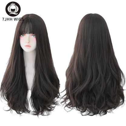 7JHH Brown Ash Long Deep Wave Lolita Wig for Women — Synthetic Hair with Bangs, Thick Curly Fashion Wig
