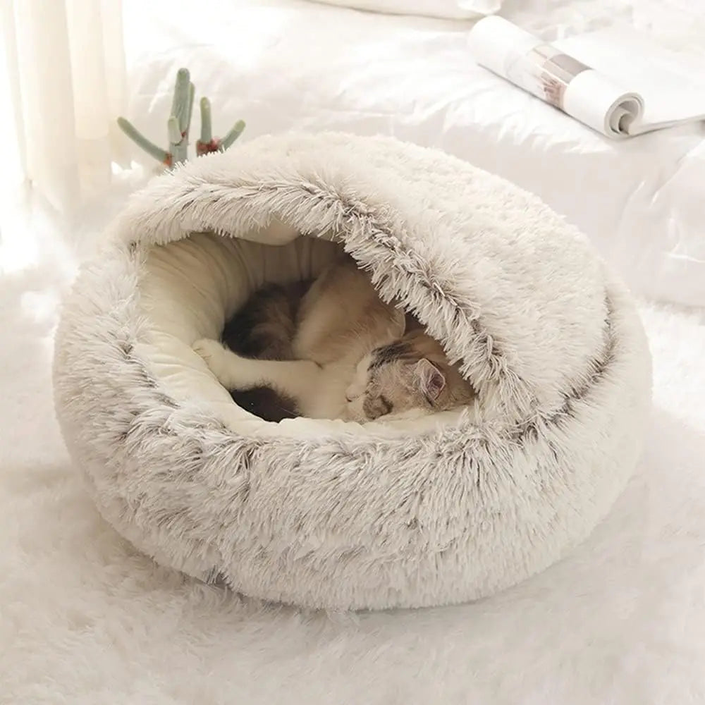 Round Soft Plush Pet Bed with Cover - 2-in-1 Cat and Dog Sleeping Nest Cave, Warm Pet Mattress for Small Dogs